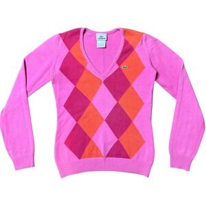 Lacoste Pink Orange Argyle V-Neck Cotton Blend Sweater Made in France Size 34